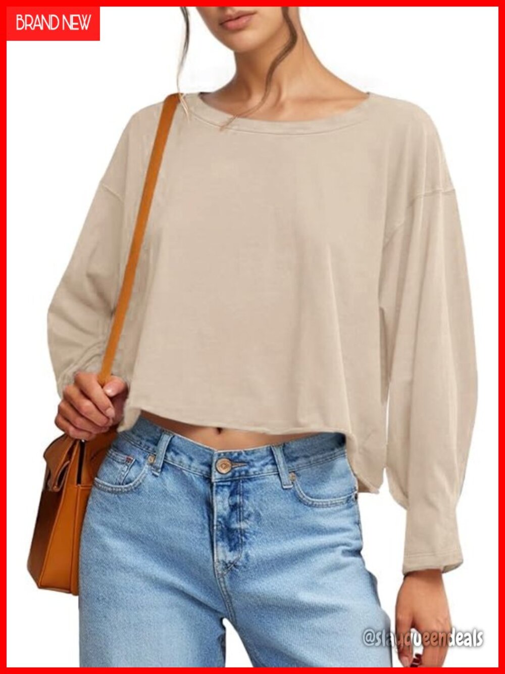 Womens Oversized Cropped Long Sleeve T-Shirt Crew Neck Loose Fit Crop Top